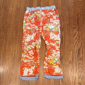 Anthropologie Floral Coral Pajama Pants with Blue-White Trim
